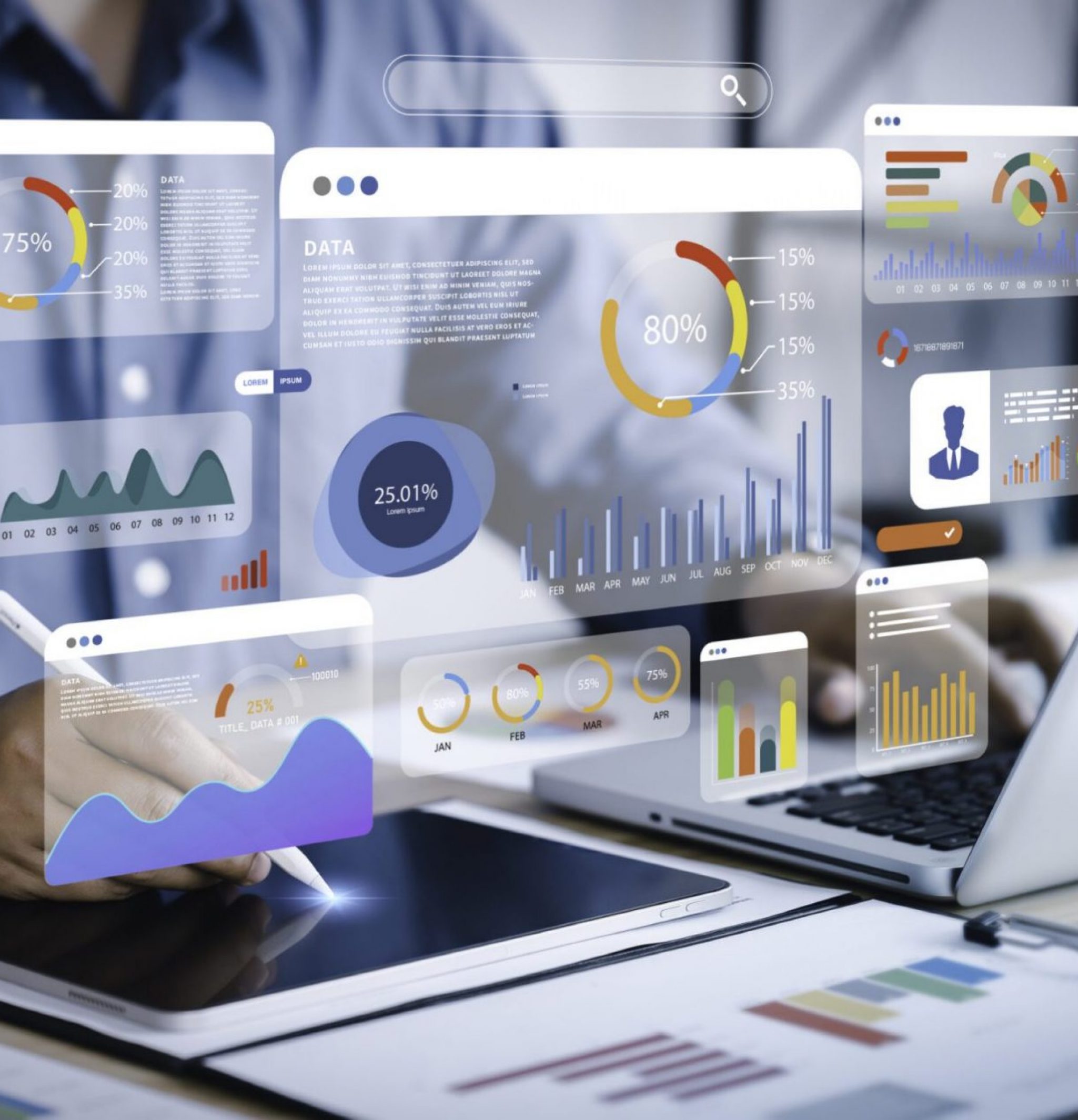 An analyst uses a computer and dashboard for data business analysis and Data Management System with KPI and metrics connected to the database for technology finance, operations, sales, marketing